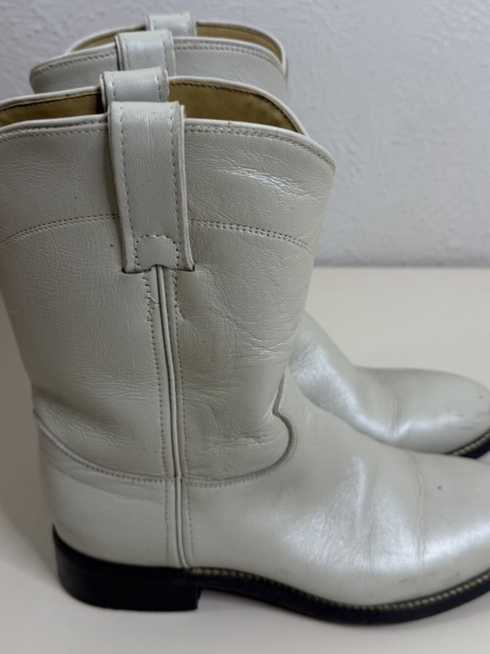 VTG Justin 3D Youth Off White Grayish Leather Roper Boots Western GUC - Picture 2 of 11